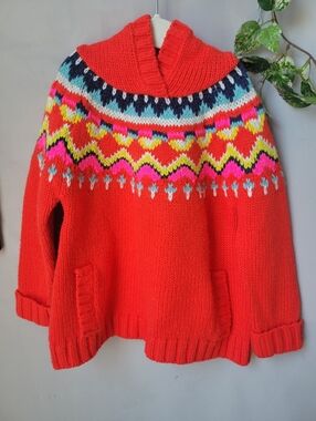 Mini Boden Fair Isle Hooded Pom Pullover Sweater Red 3-4 Y